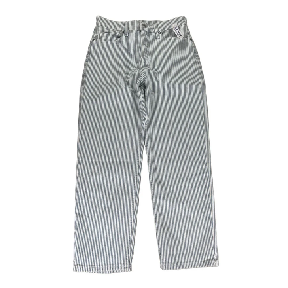 Old Navy Women's Blue Striped Button Fly Sky-Hi Straight Leg Jeans - 8 Petite